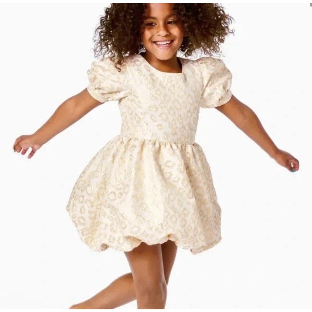 Lilly Pulitzer Mini Moiraine Girls Dress Size 4 Gold Metallic Jacquard Puff